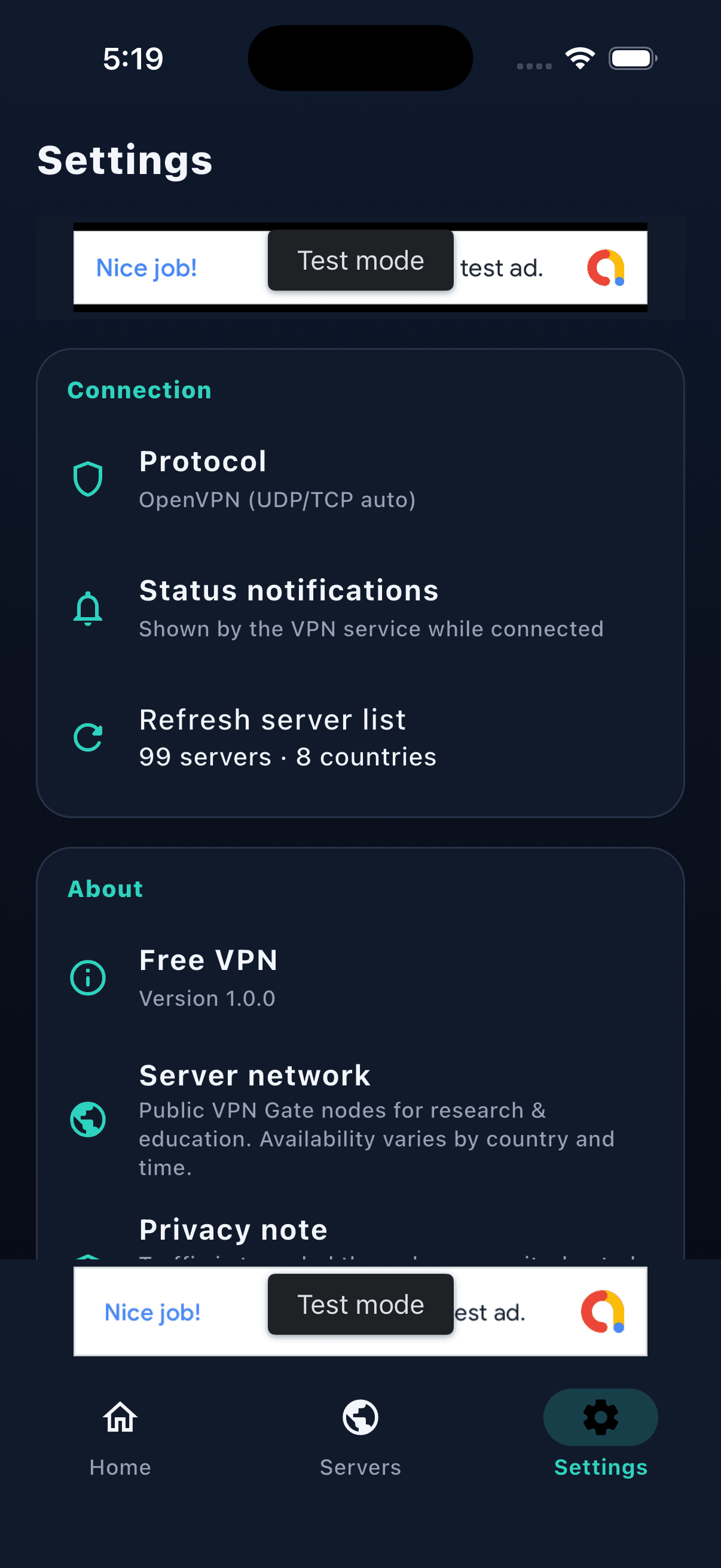 Monvyn VPN settings screen